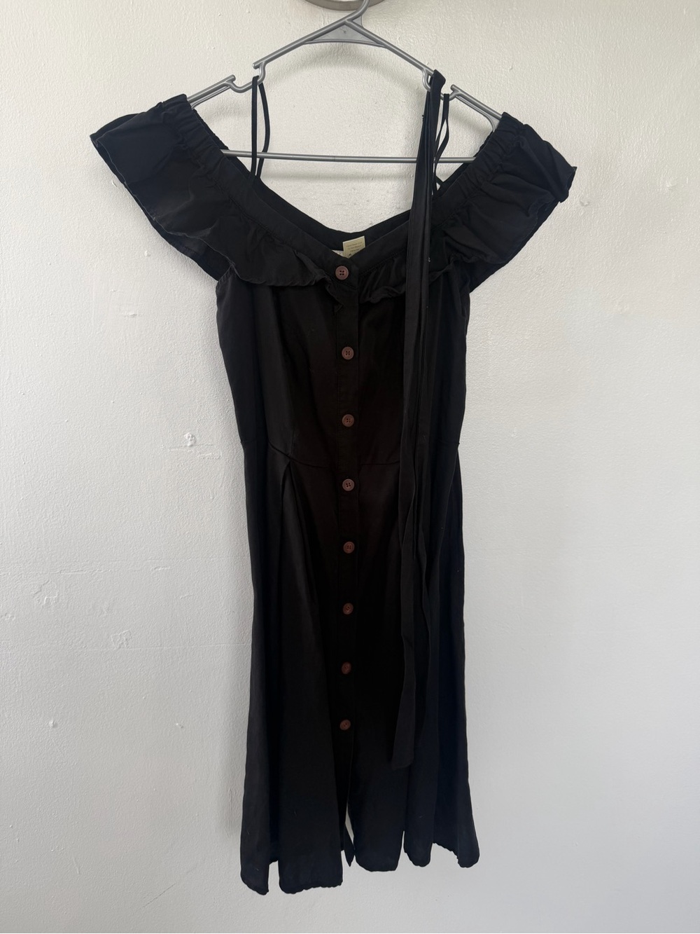 Off-Shoulder Black Button-Front Mini Dress with Tie Waist